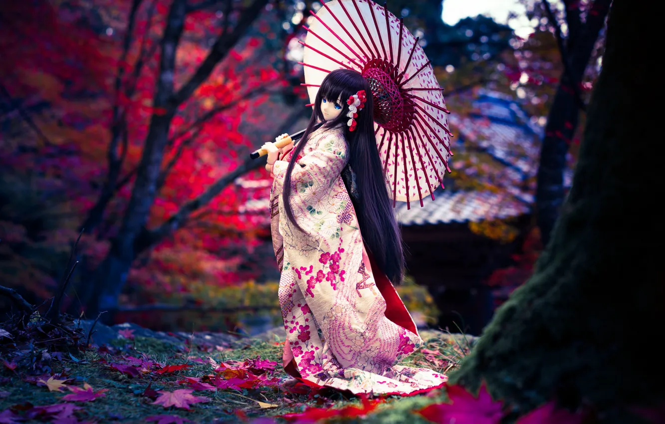 Photo wallpaper umbrella, hair, Japanese, doll, kimono