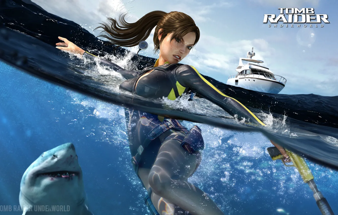 Photo wallpaper water, girl, shark, Tomb Raider, Lara Croft, Lara Croft, Tomb Raider: Underworld