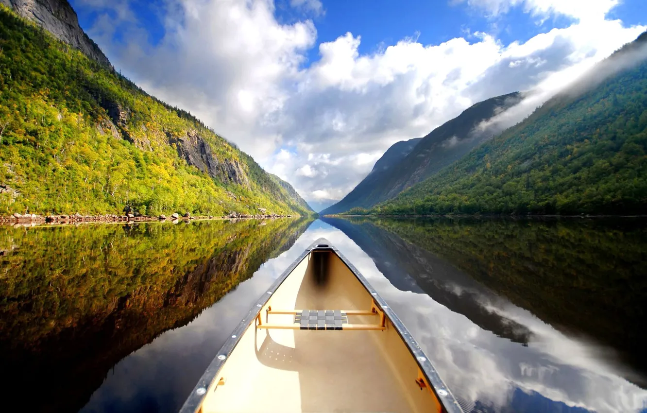 Photo wallpaper mountains, lake, boat