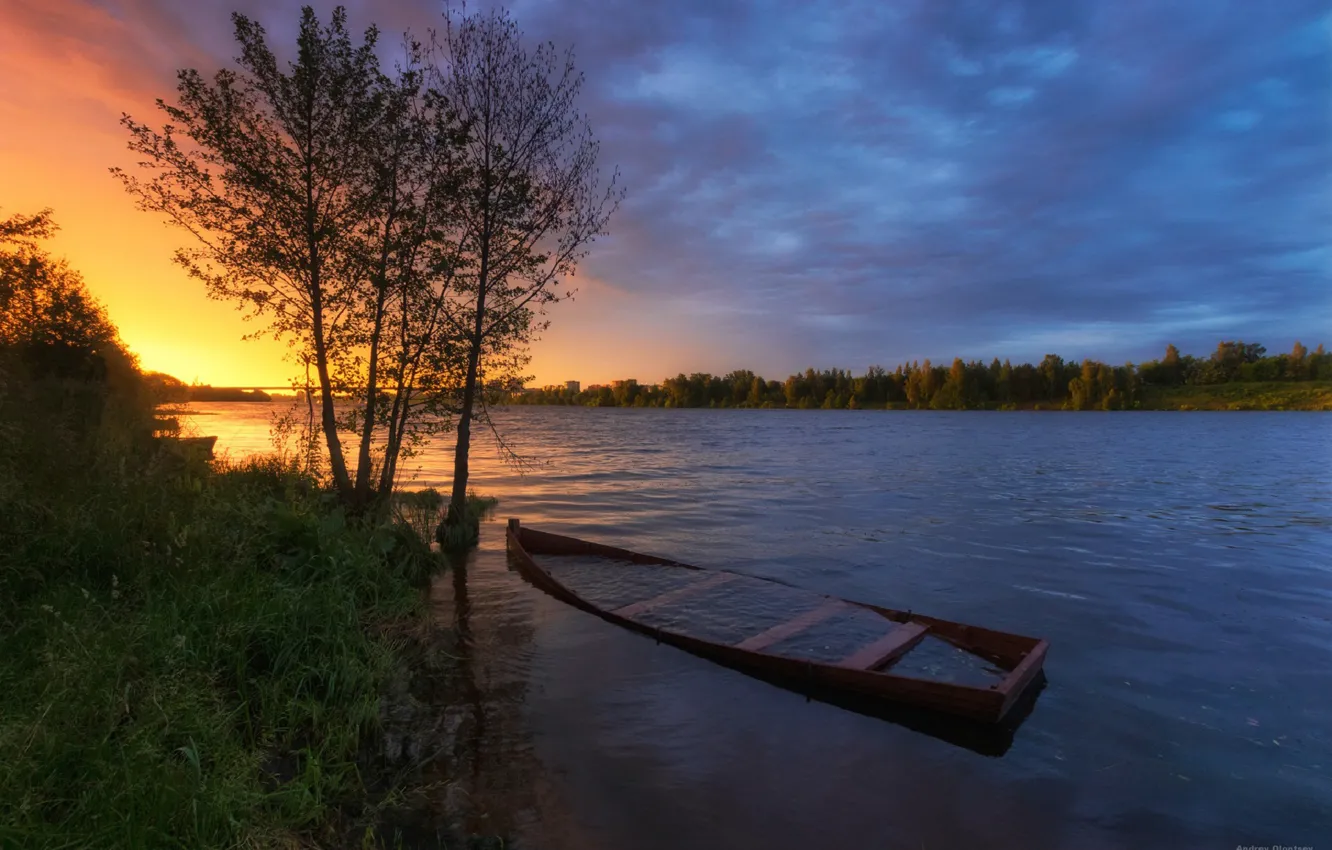 Photo wallpaper summer, the sky, water, trees, sunset, river, the evening, Olontsev Andrew