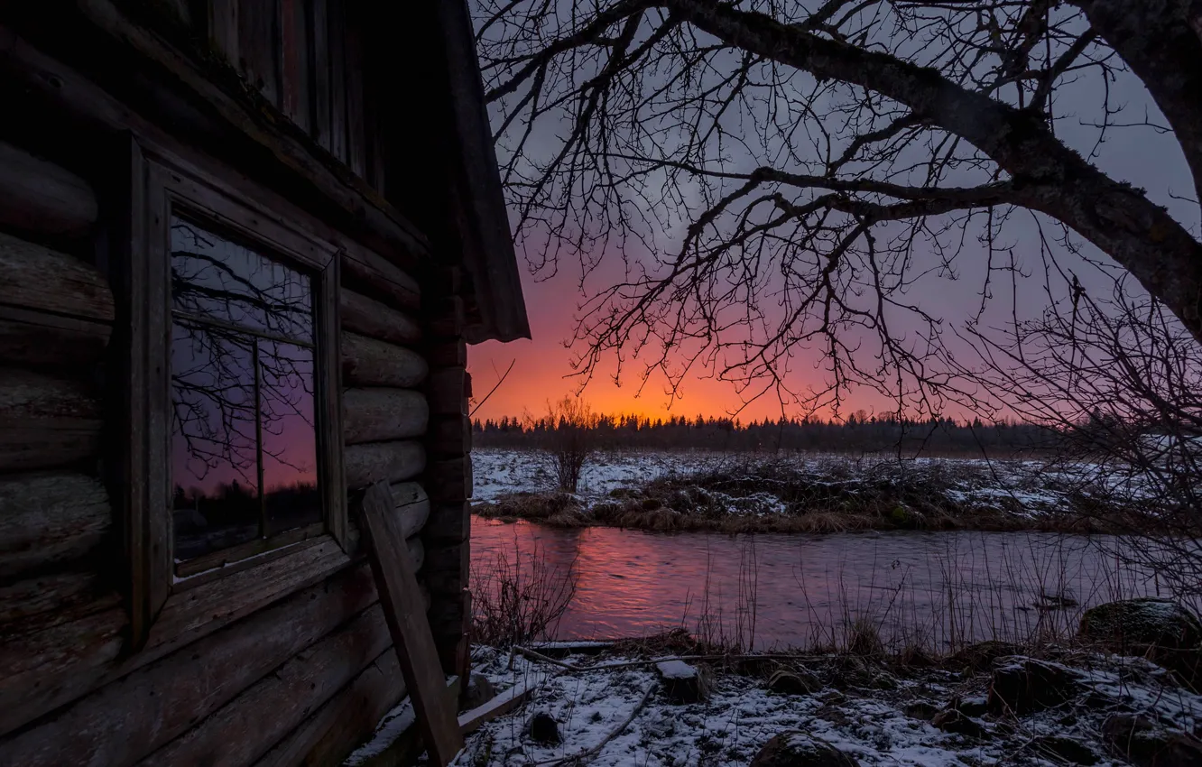 Photo wallpaper winter, water, trees, landscape, sunset, nature, house, Paul Vasenkov