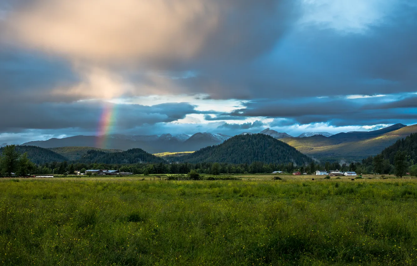 Photo wallpaper field, mountains, rainbow