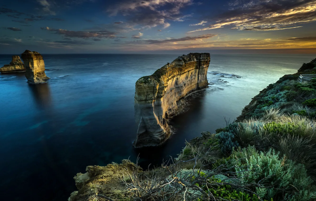 Photo wallpaper sea, rocks, shore, sunset, Аustralia, Razorback