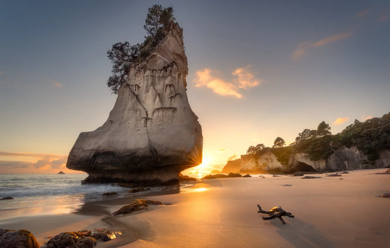 Photo wallpaper rock, dawn, coast, morning, New Zealand, Te Hoho Rock