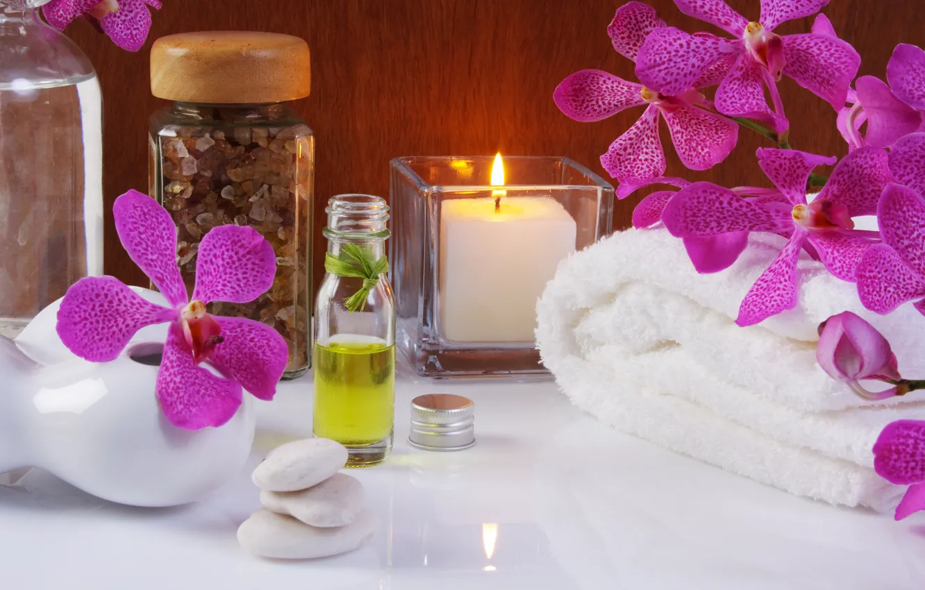 Photo wallpaper flowers, oil, towel, candles, flowers, Spa, Spa, candles