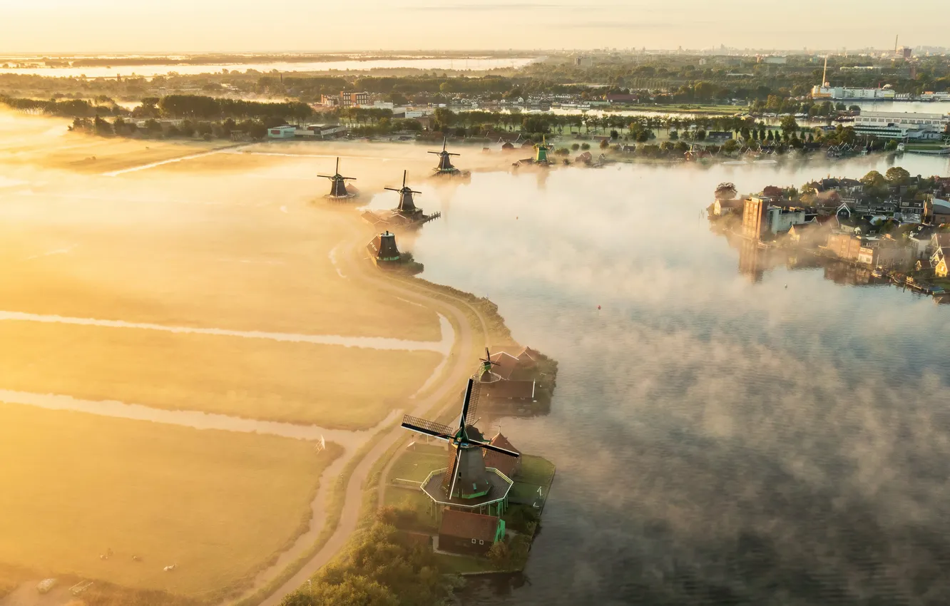 Photo wallpaper pond, windmills, the