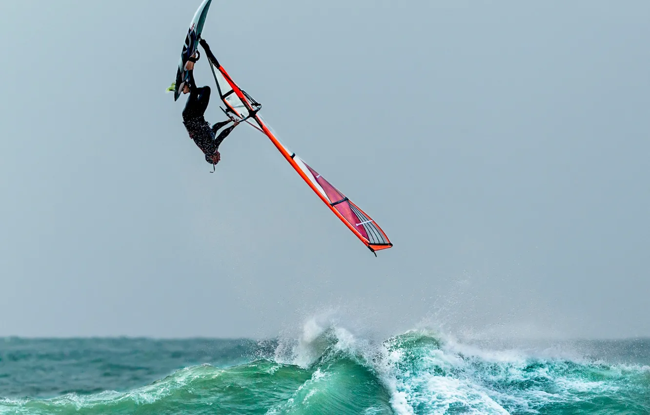 Photo wallpaper wave, jump, flight, Windsurfing