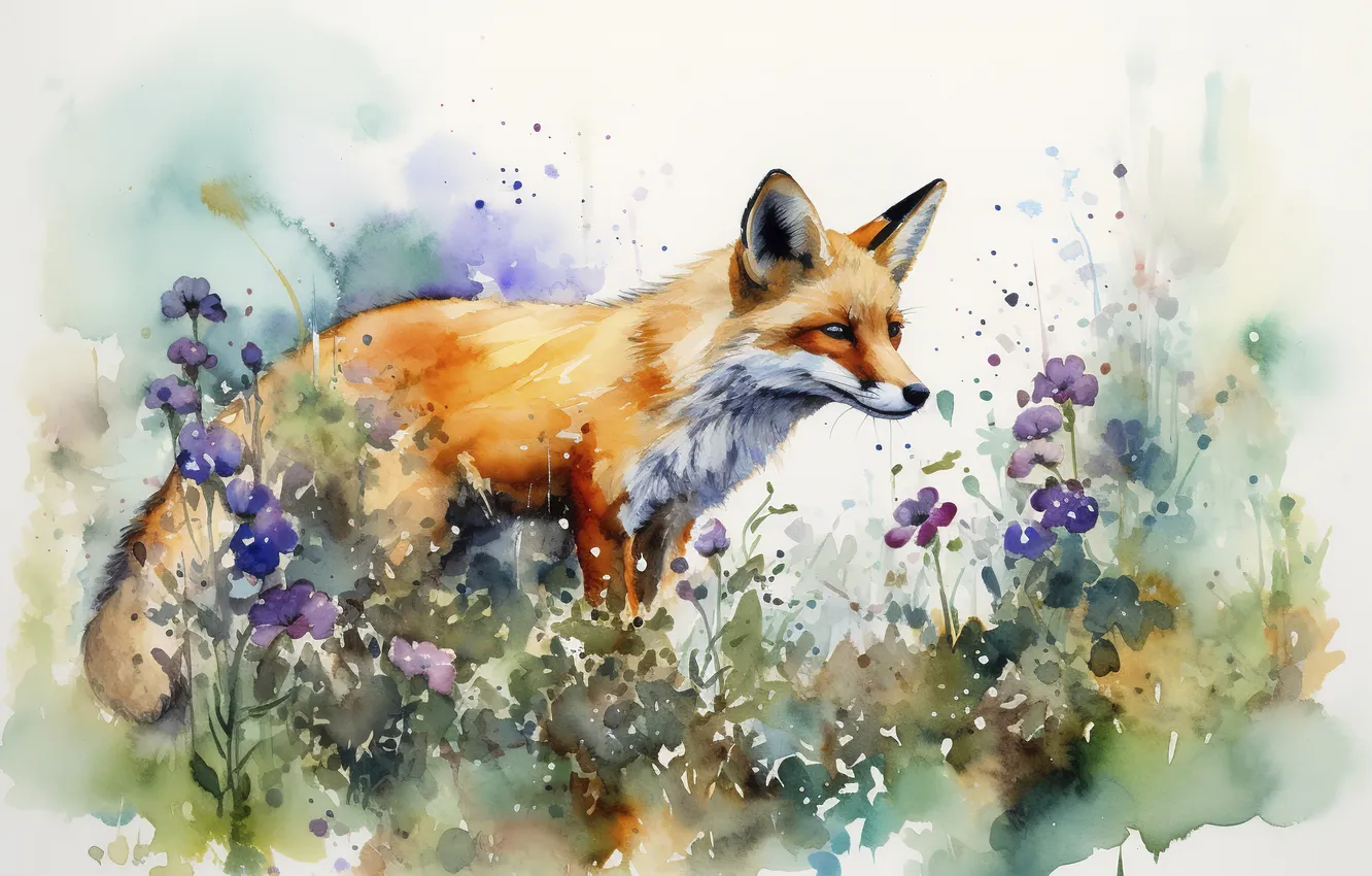 Photo wallpaper summer, look, flowers, glade, divorce, watercolor, Fox, white background