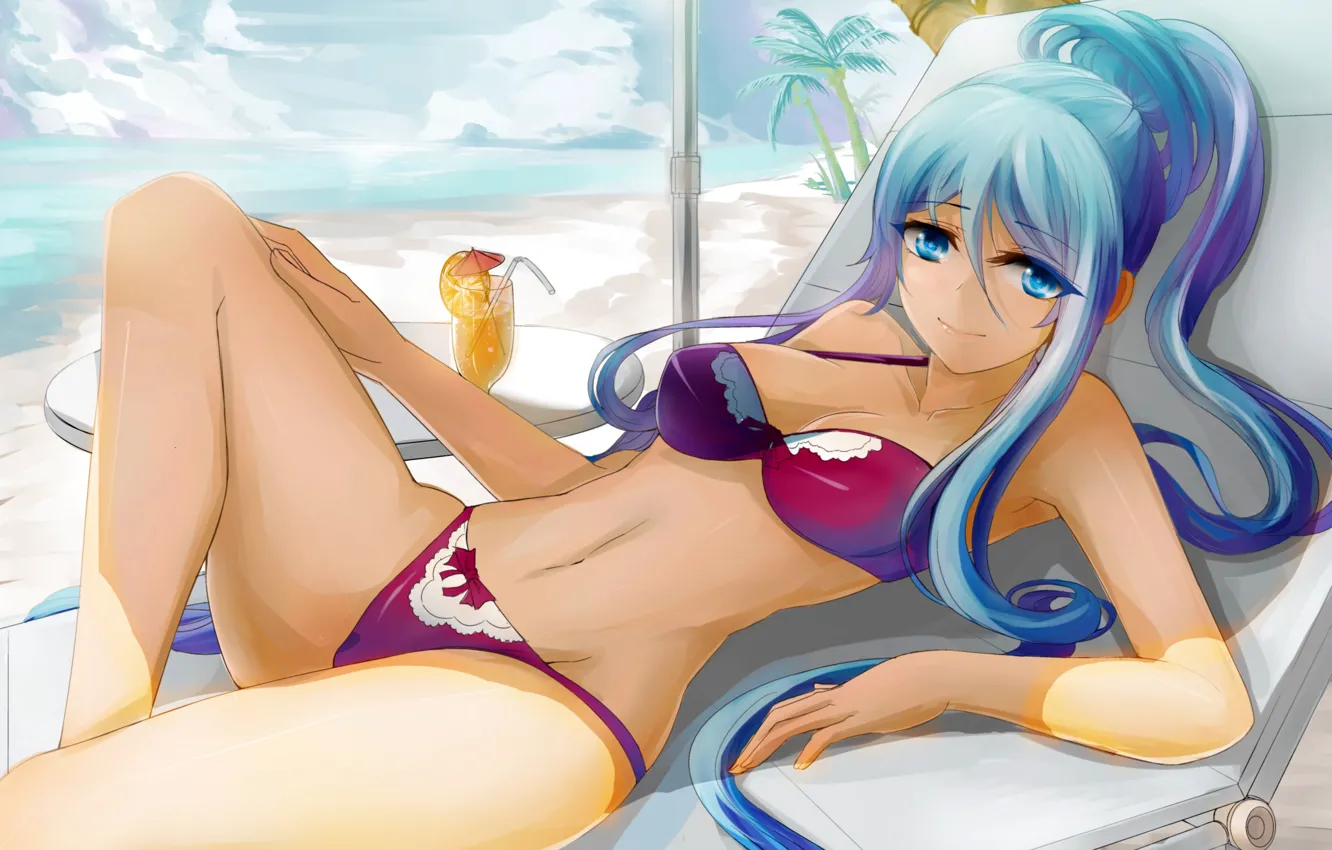 Photo wallpaper girl, sexy, cleavage, beach, sky, long hair, legs, sea