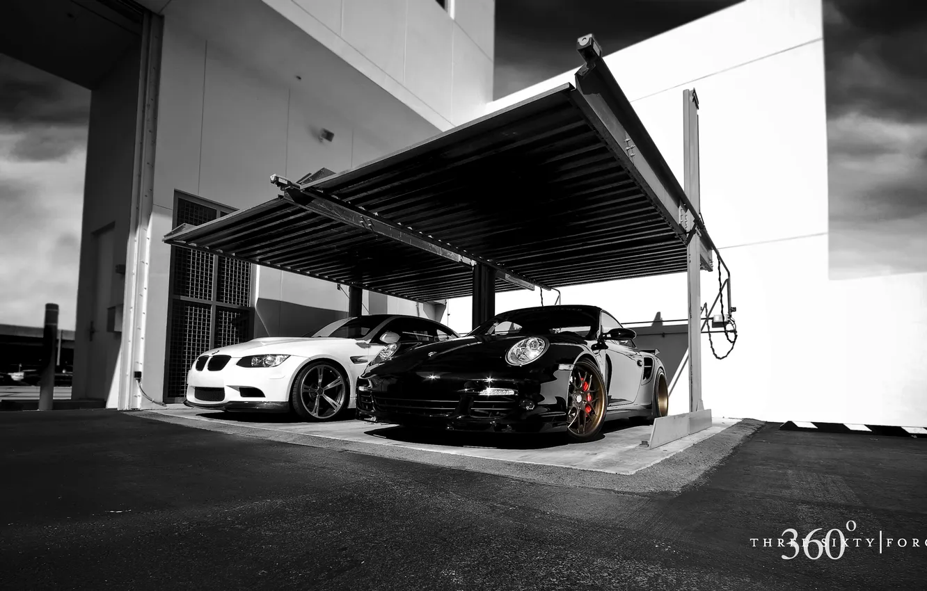 Photo wallpaper cars, Porsche, 360 forged, Beha, black Porsche 997 TT, white BMW M3