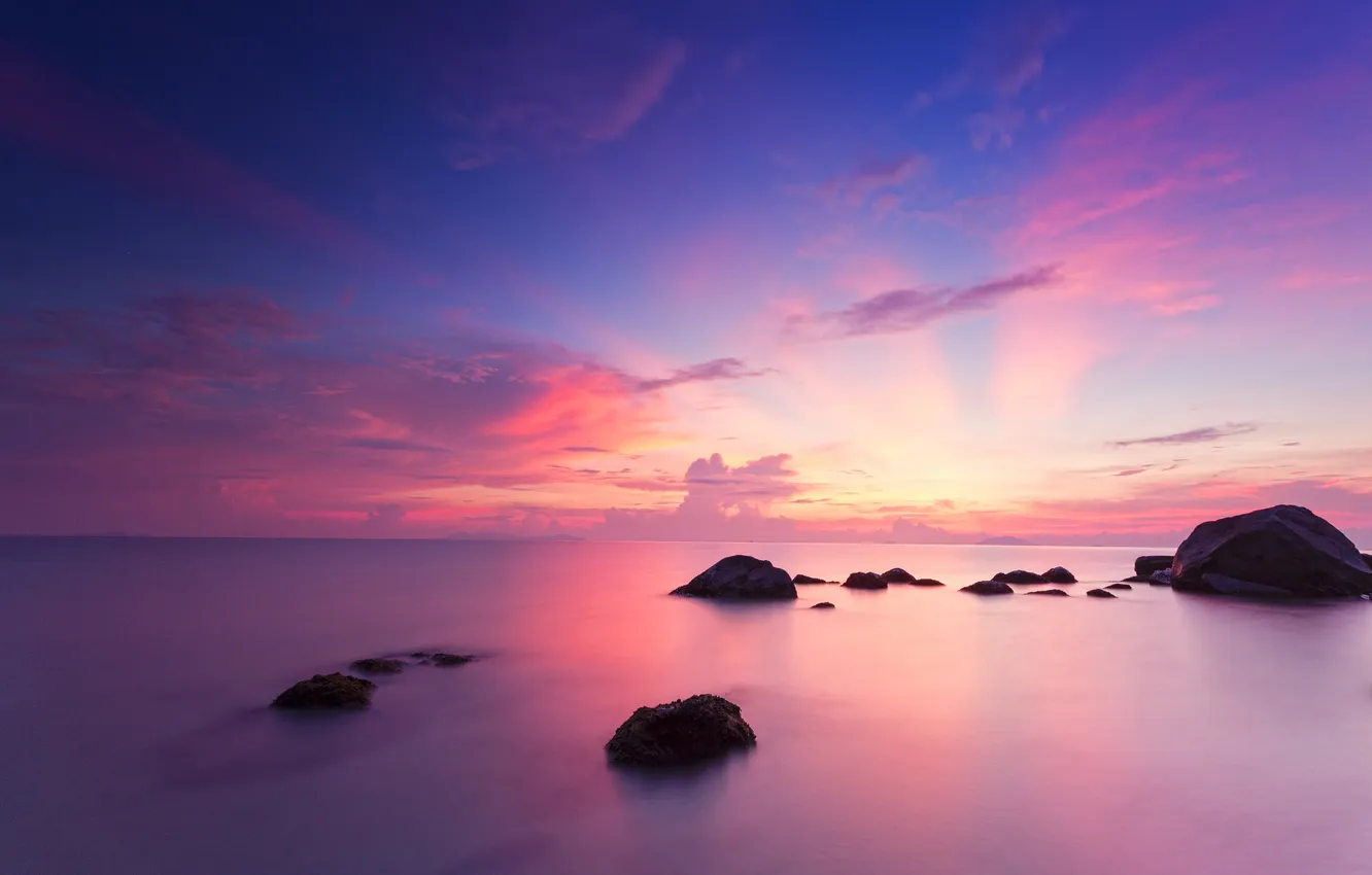 Photo wallpaper sea, the sky, sunset, stones