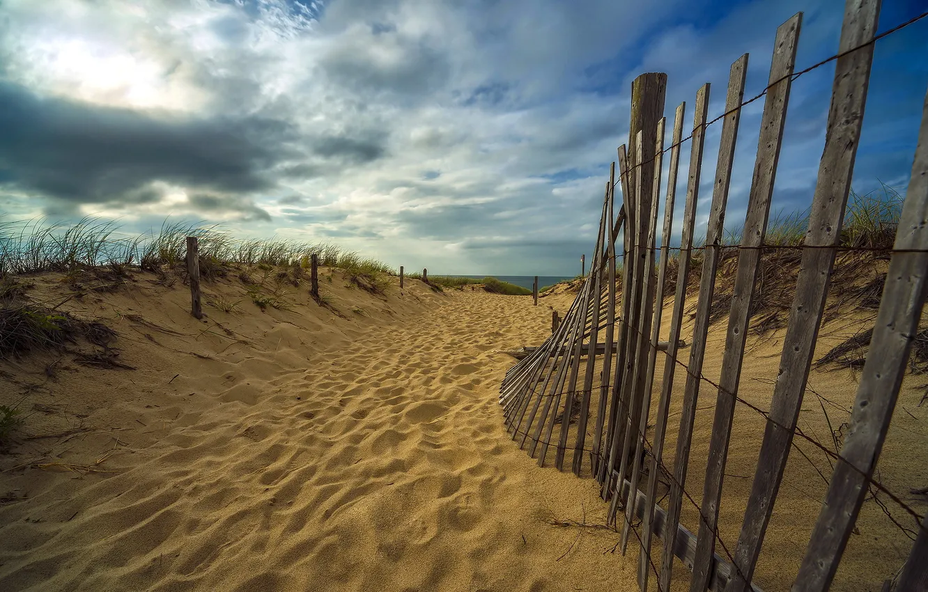 Photo wallpaper sand, sea, beach, landscape, the fence