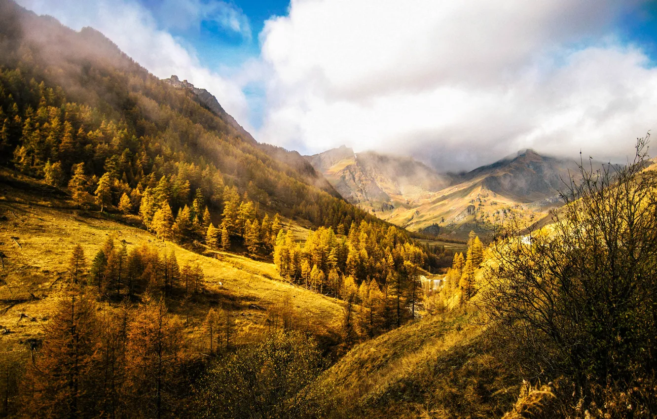 Photo wallpaper autumn, the sky, clouds, trees, landscape, mountains, nature, hills
