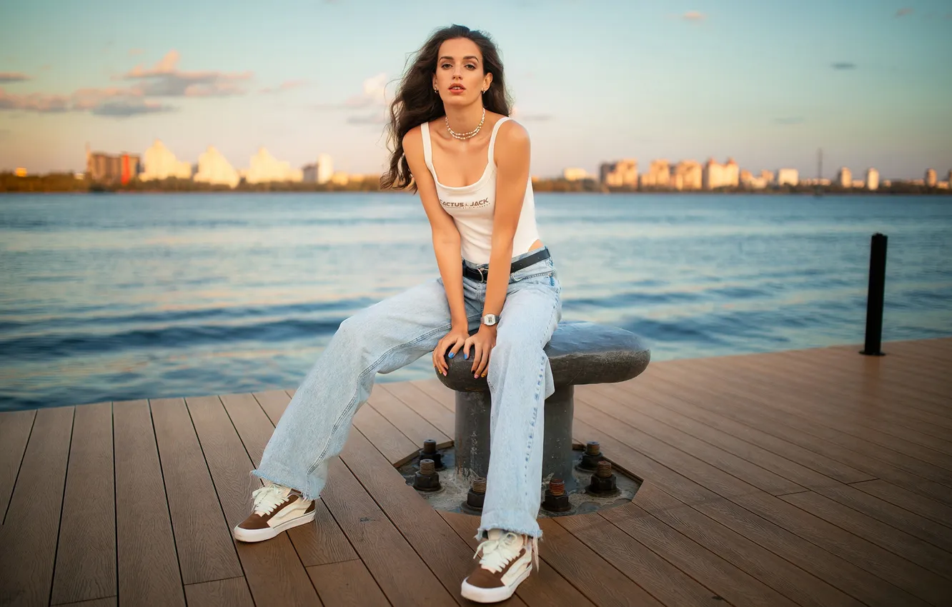 Photo wallpaper girl, pose, river, jeans, hands, pier, Dmitry Shulgin