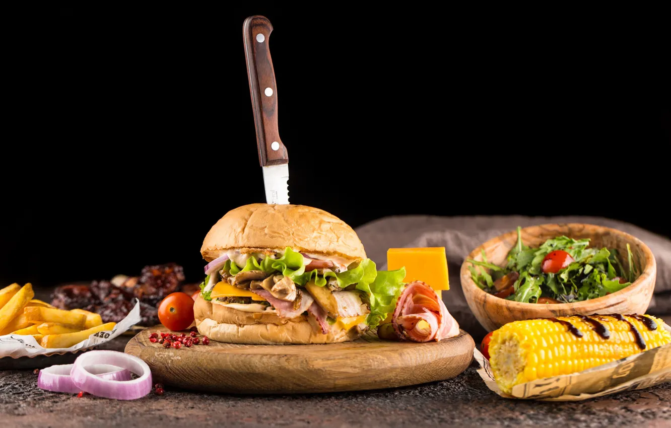 Photo wallpaper corn, tomatoes, hamburger, salad