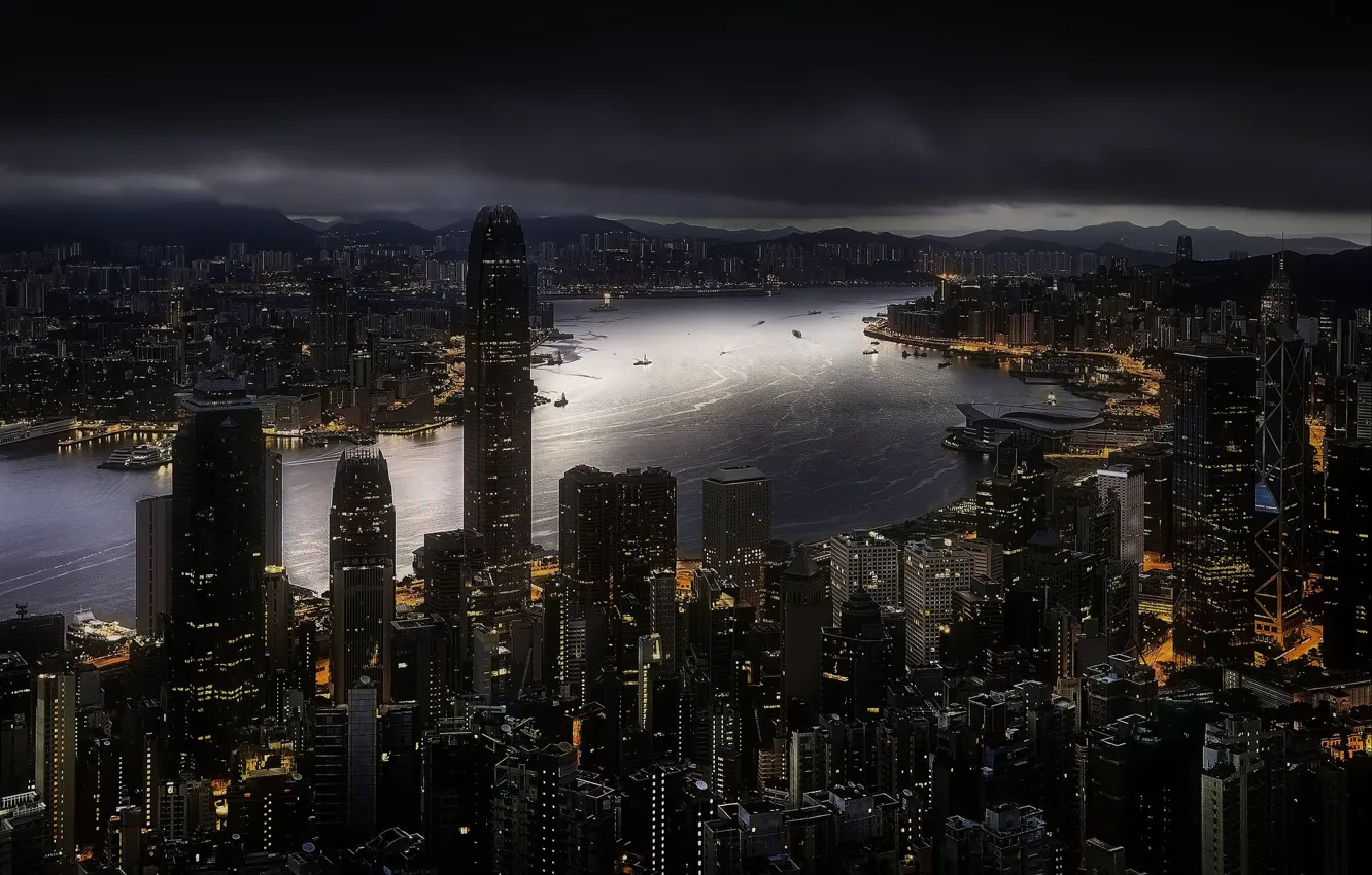 Photo wallpaper night, the city, river, building, Hong Kong, China