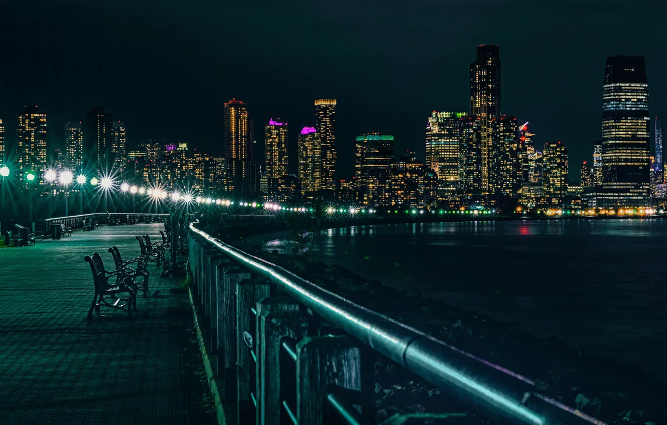 Photo wallpaper light, night, the city, lights, darkness, street, shore, building