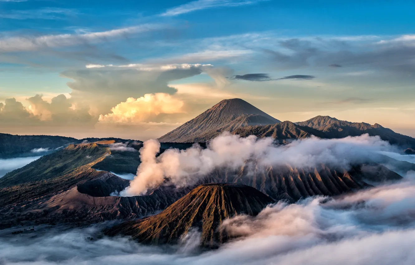 Photo wallpaper the volcano, mountains, island, fog, Bromo, Java, Indonesia, blue