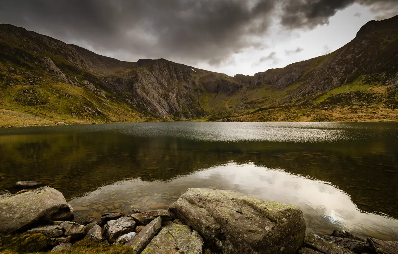 Photo wallpaper mountains, stones, rocks, pond