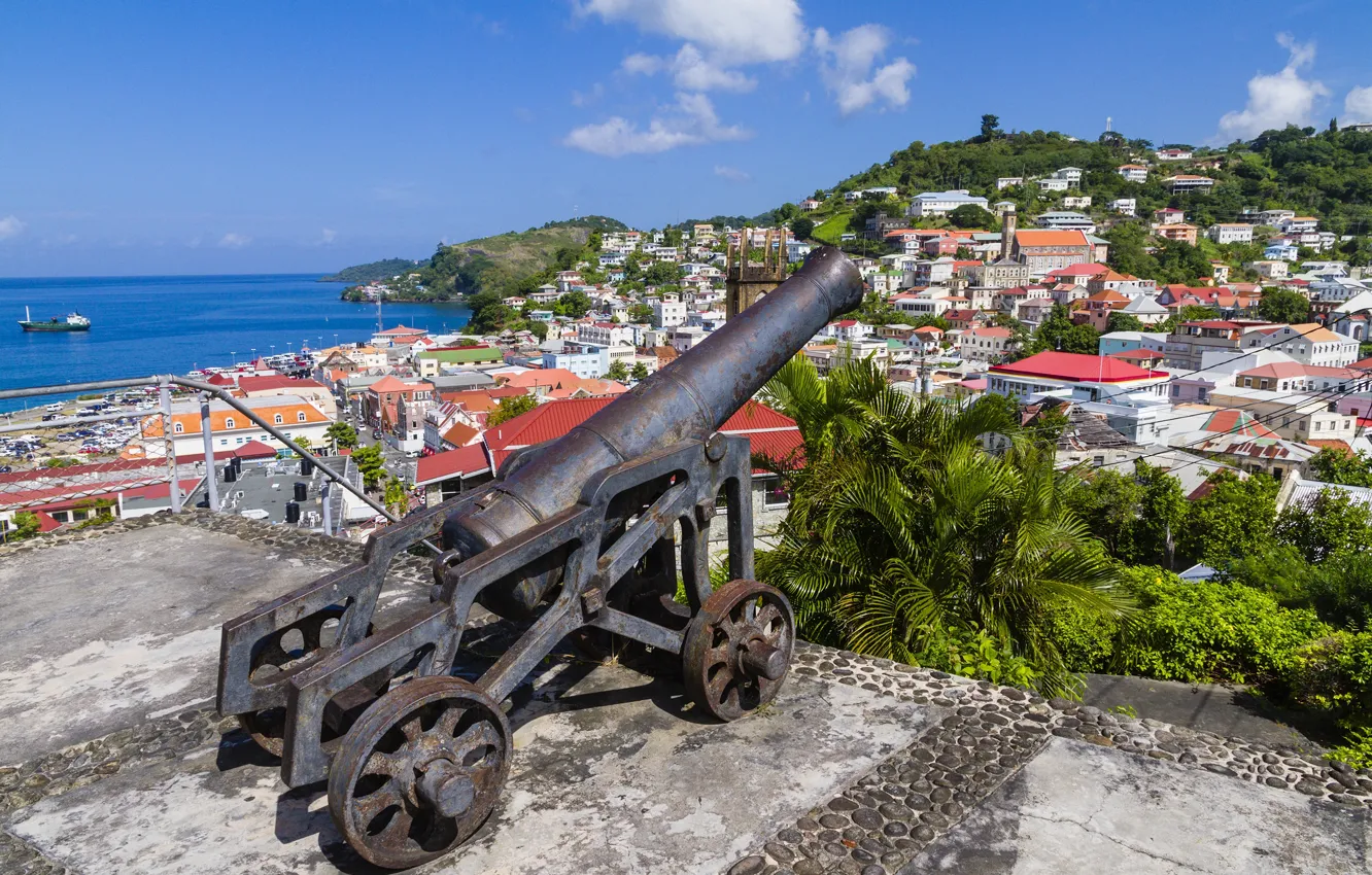 Photo wallpaper sea, monument, gun, Caribbean, Grenada