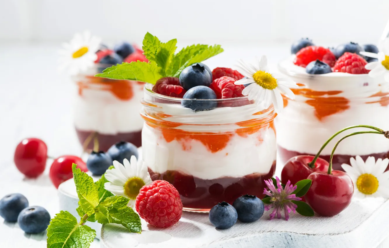 Photo wallpaper cherry, berries, raspberry, blueberries, dessert, cream, dessert, milk