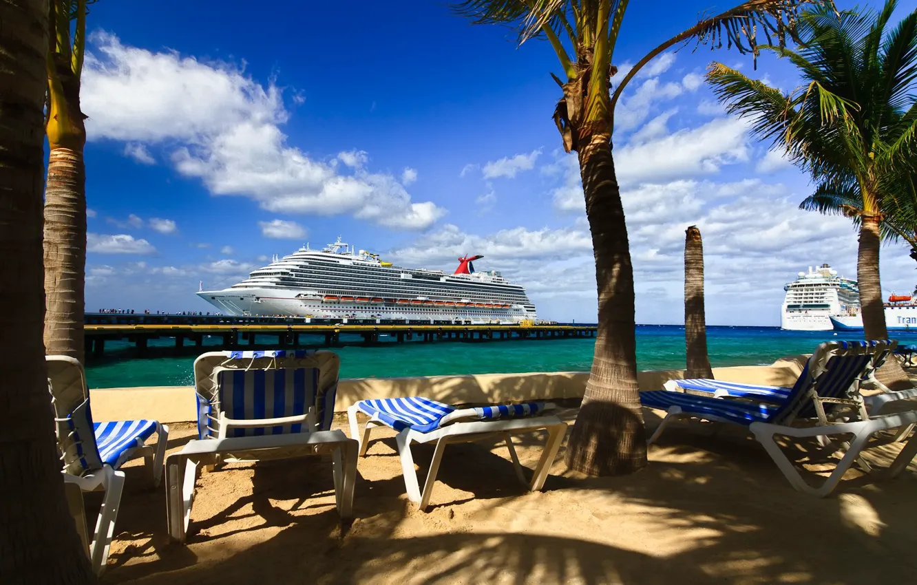 Photo wallpaper sea, the sun, palm trees, ship, pierce, sun loungers