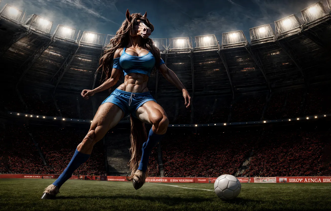 Photo wallpaper field, football, sport, horse, the ball, tribune