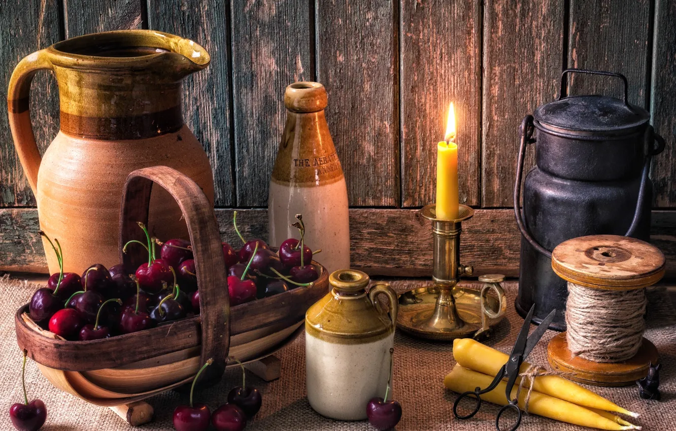 Photo wallpaper cherry, candles, dishes, still life, string