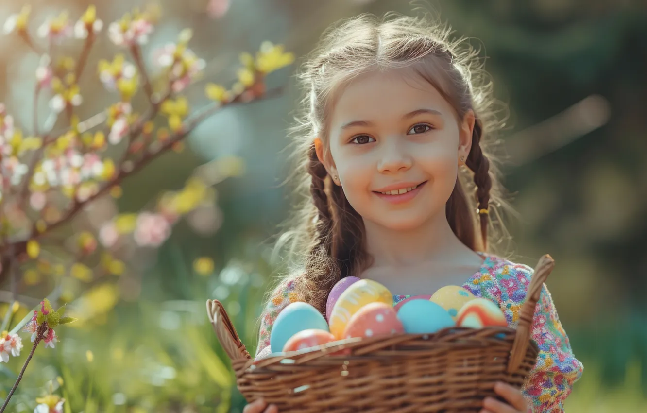 Photo wallpaper flowers, holiday, AI art, garden, Easter, flowering, Easter background, girl