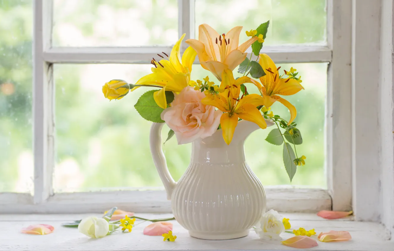 Photo wallpaper flowers, bouquet, window, vase, sill, Maya Kruchenkova