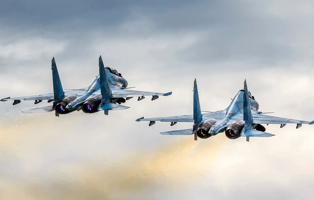 Photo wallpaper flight, wings, fighter, pair, the plane, nozzle, Su-30CM