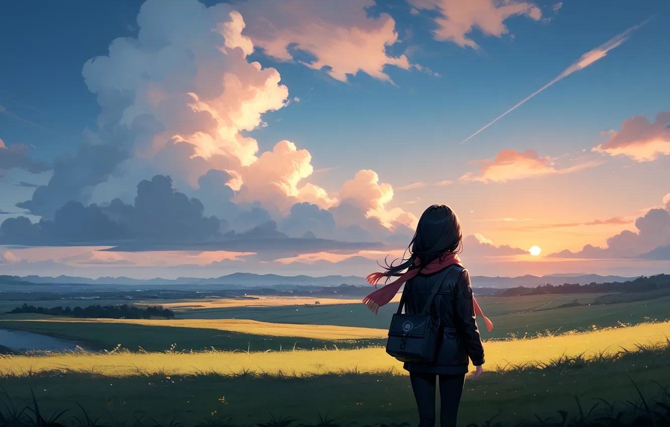Photo wallpaper girl, river, sky, landscape, sunset, mountains, clouds, sun