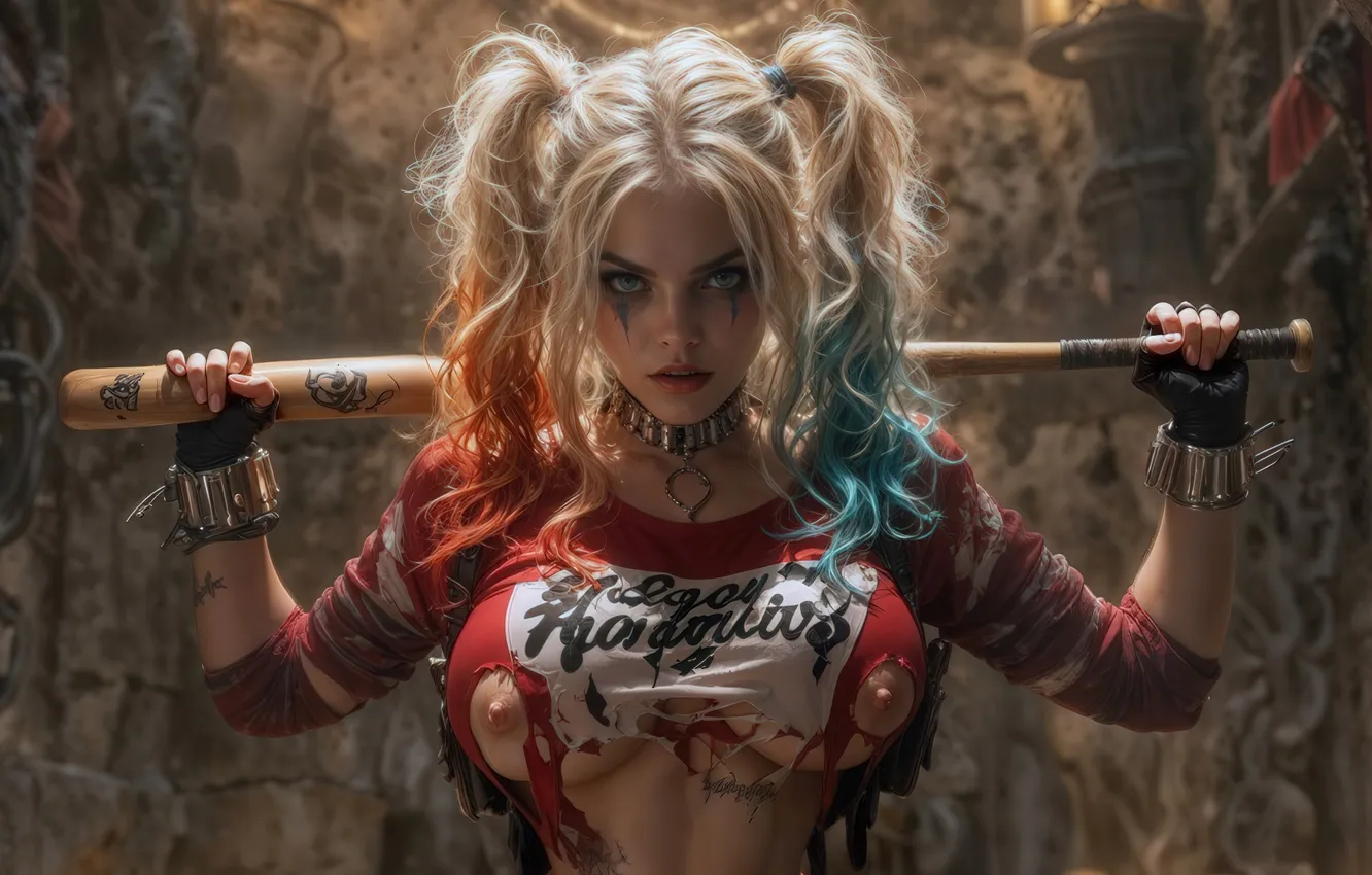 Photo wallpaper blonde, bit, superheroes, digital art, Harley Quinn, digital art, Harley Queen, AI art