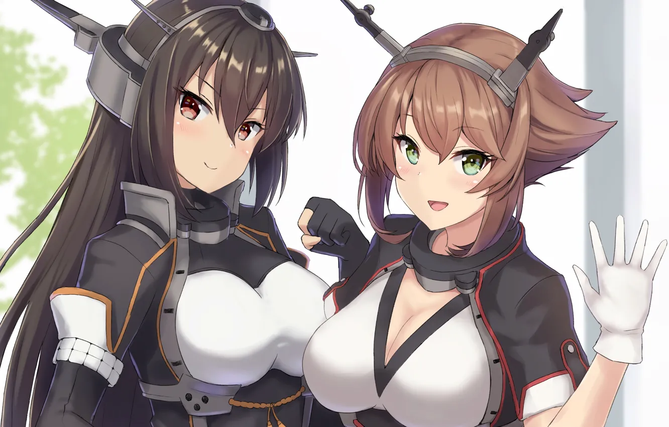 Photo wallpaper sexy, cleavage, blouse, green eyes, long hair, girls, brown hair, boobs