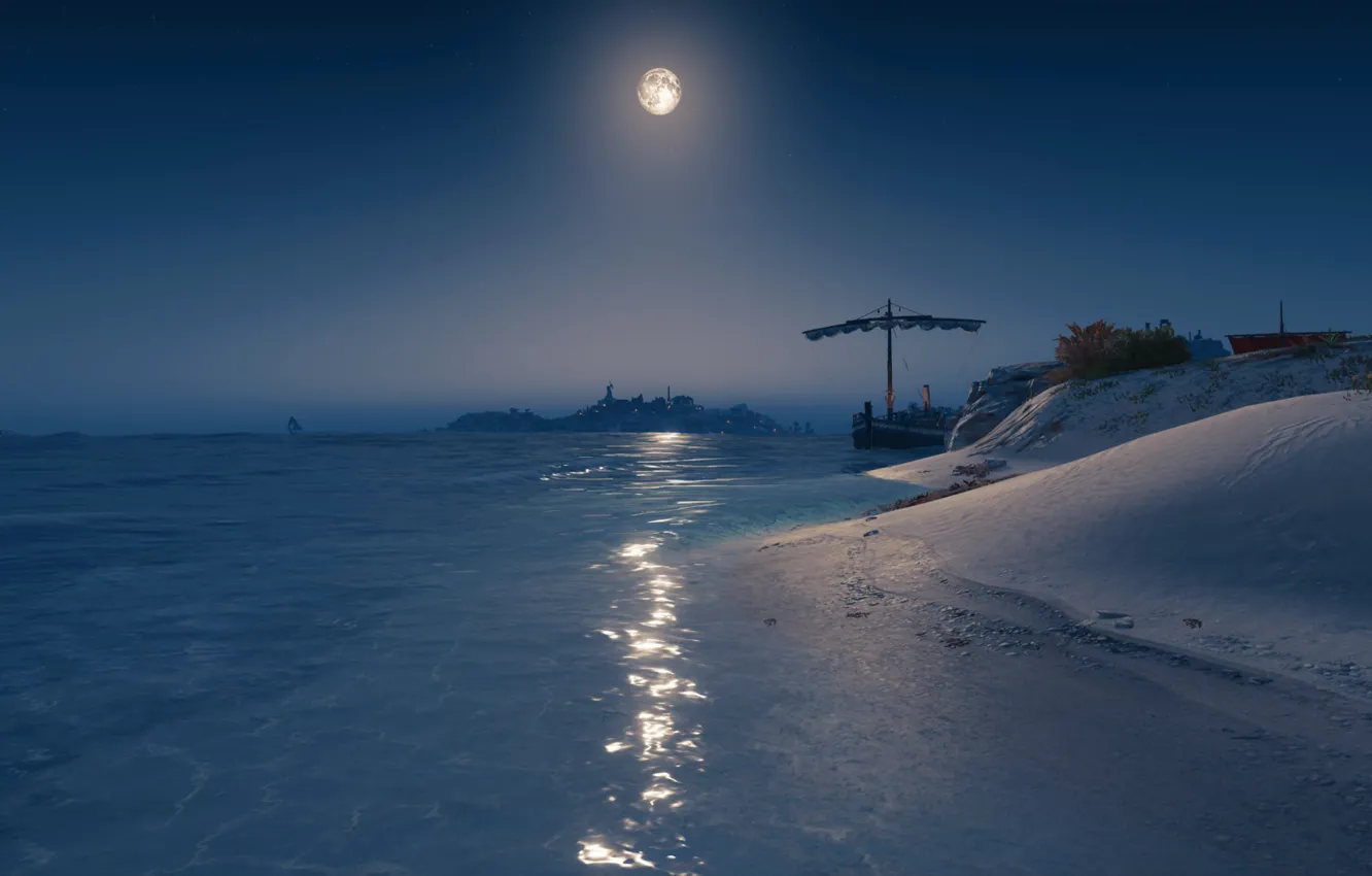 Photo wallpaper sea, the sky, stars, mountains, Assasins Creed