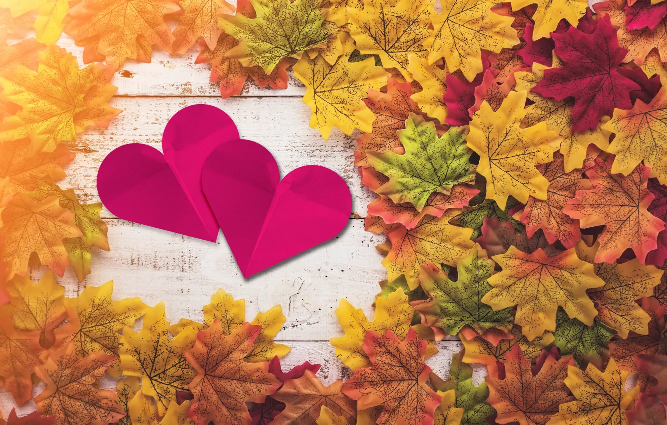 Photo wallpaper autumn, leaves, love, heart, red, love, heart, wood