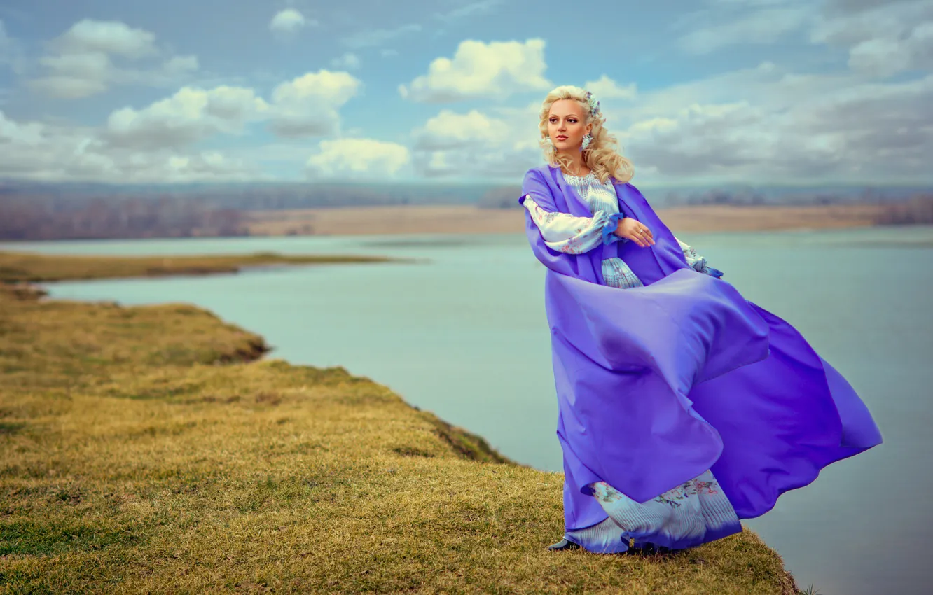 Photo wallpaper the sky, landscape, open, the wind, dress, blonde