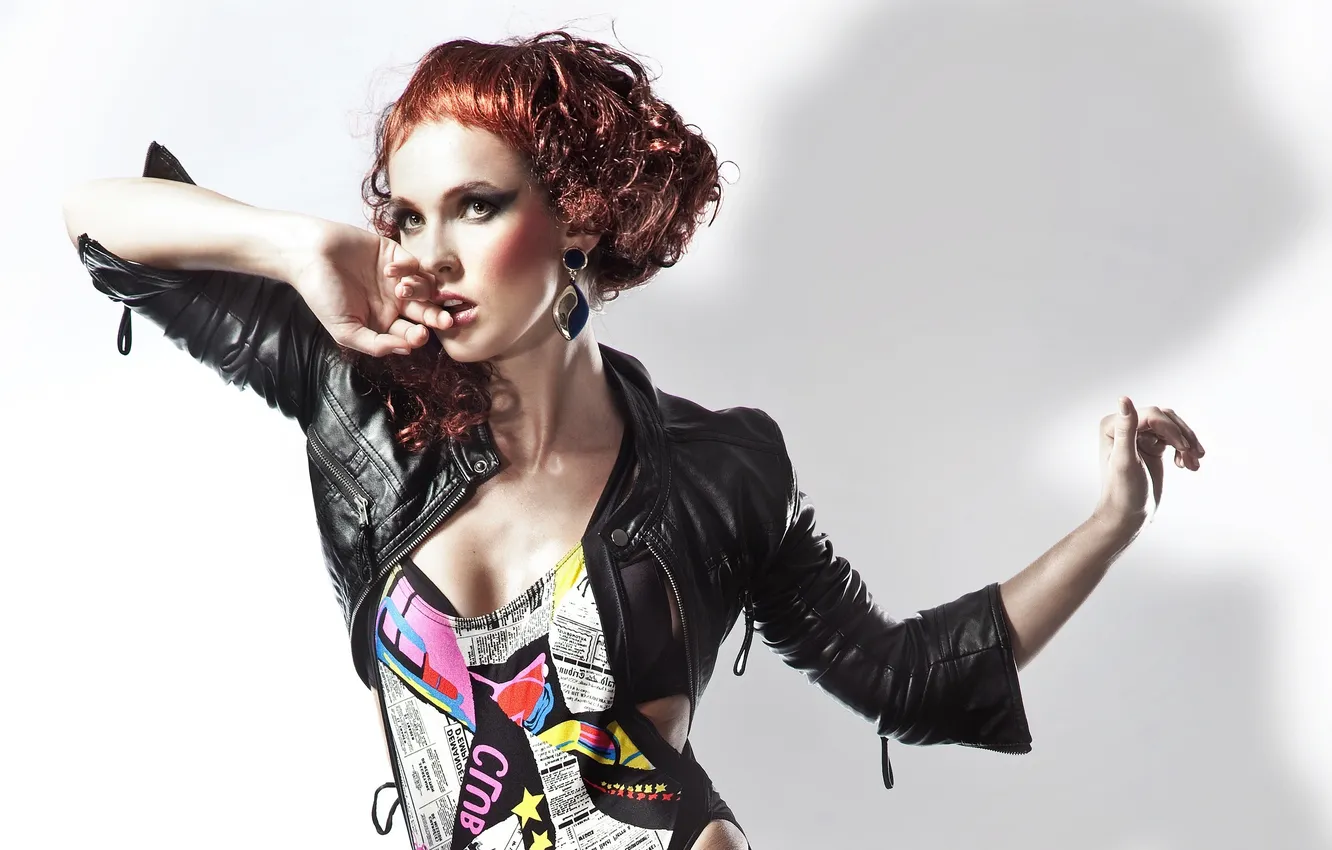 Photo wallpaper girl, dress, jacket, redhead, brown-eyed