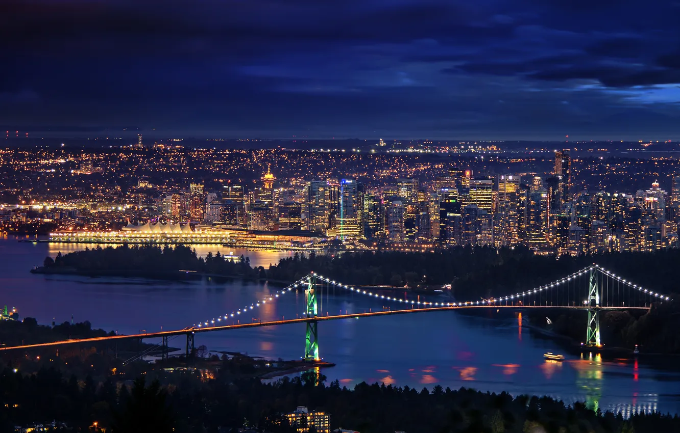 Photo wallpaper night, bridge, the city, river, home, Downtown Vancouver