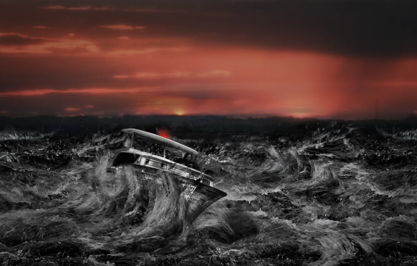 Photo wallpaper sea, night, storm, ship