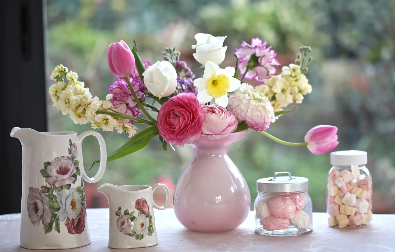 Photo wallpaper bouquet, tulips, vase, Narcissus, marshmallows, Ranunculus, clove, pitchers
