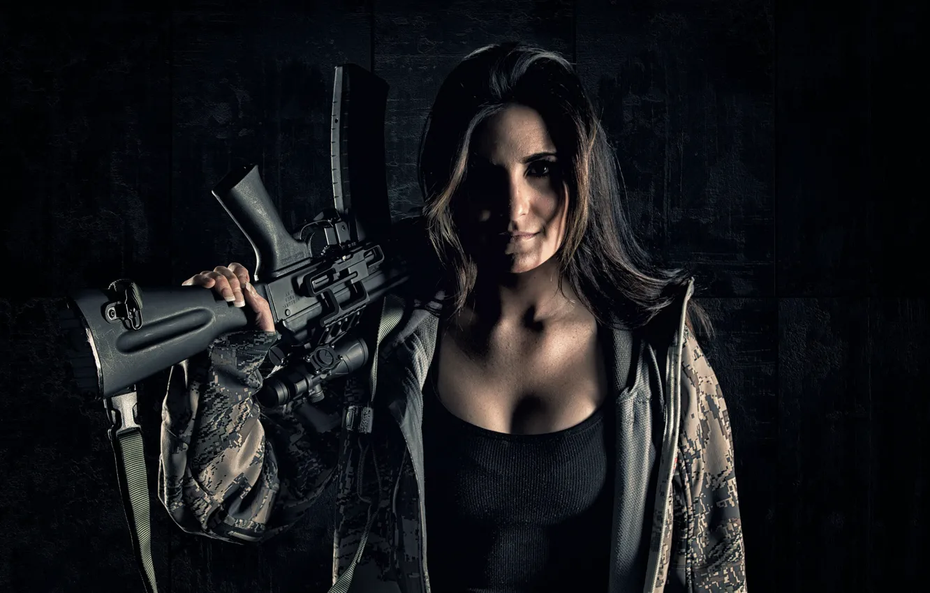 Photo wallpaper look, girl, face, weapons, background, hair