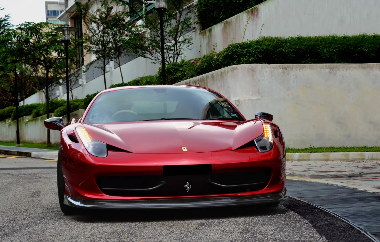 Photo wallpaper road, trees, red, street, tuning, red, ferrari, Ferrari