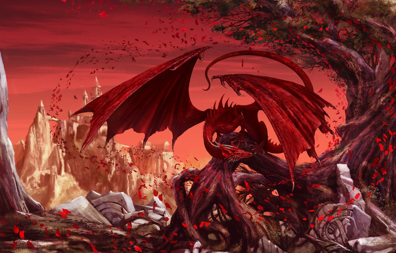 Photo wallpaper leaves, red, fiction, wings, fantasy, art, dragon, Illustration