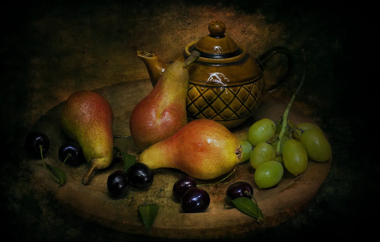 Photo wallpaper style, kettle, grapes, pear, cherry