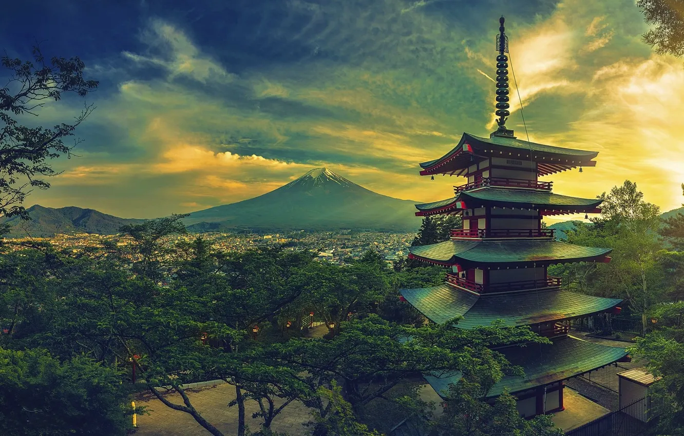 Photo wallpaper landscape, mountains, castle, Japan