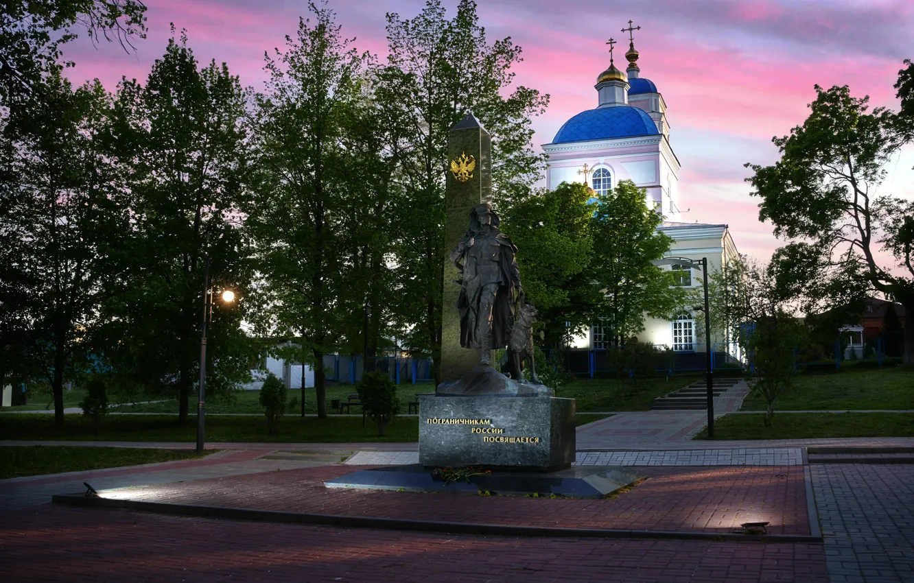 Photo wallpaper the city, dawn, morning, lights, monument, temple, square, Kursk