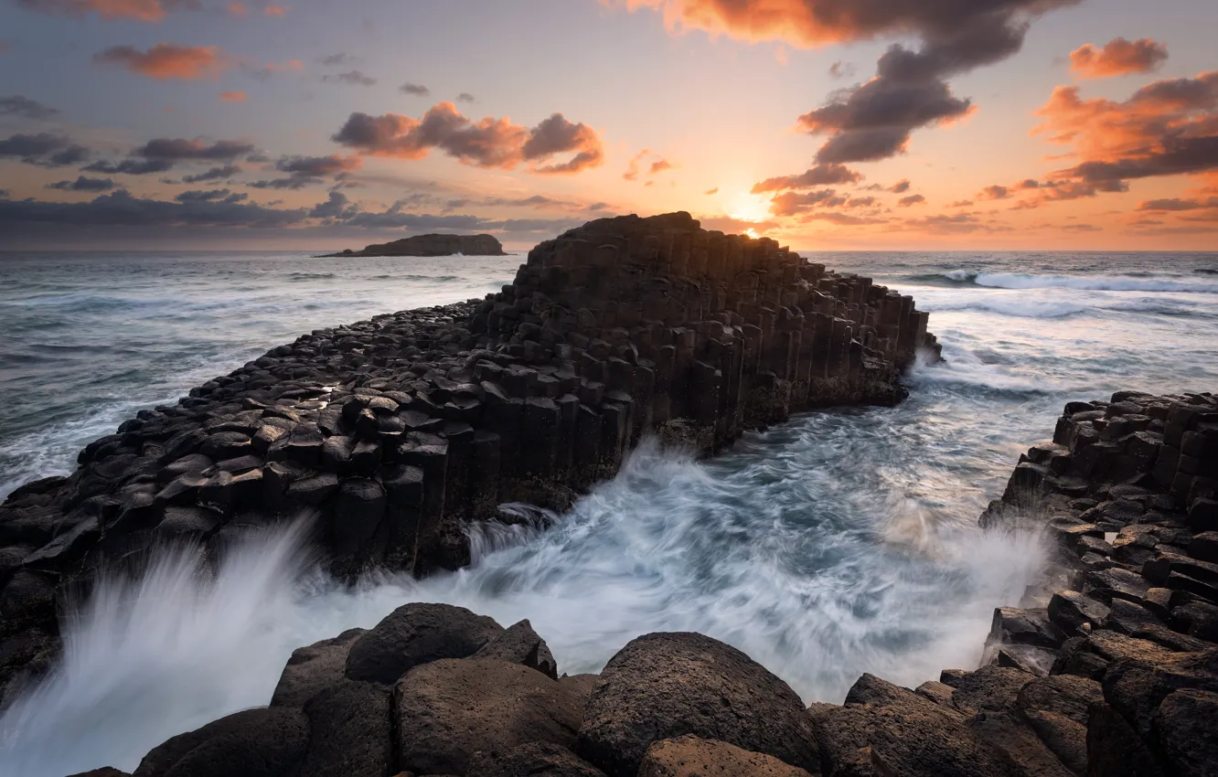 Photo wallpaper sea, wave, sunset, stones, rocks