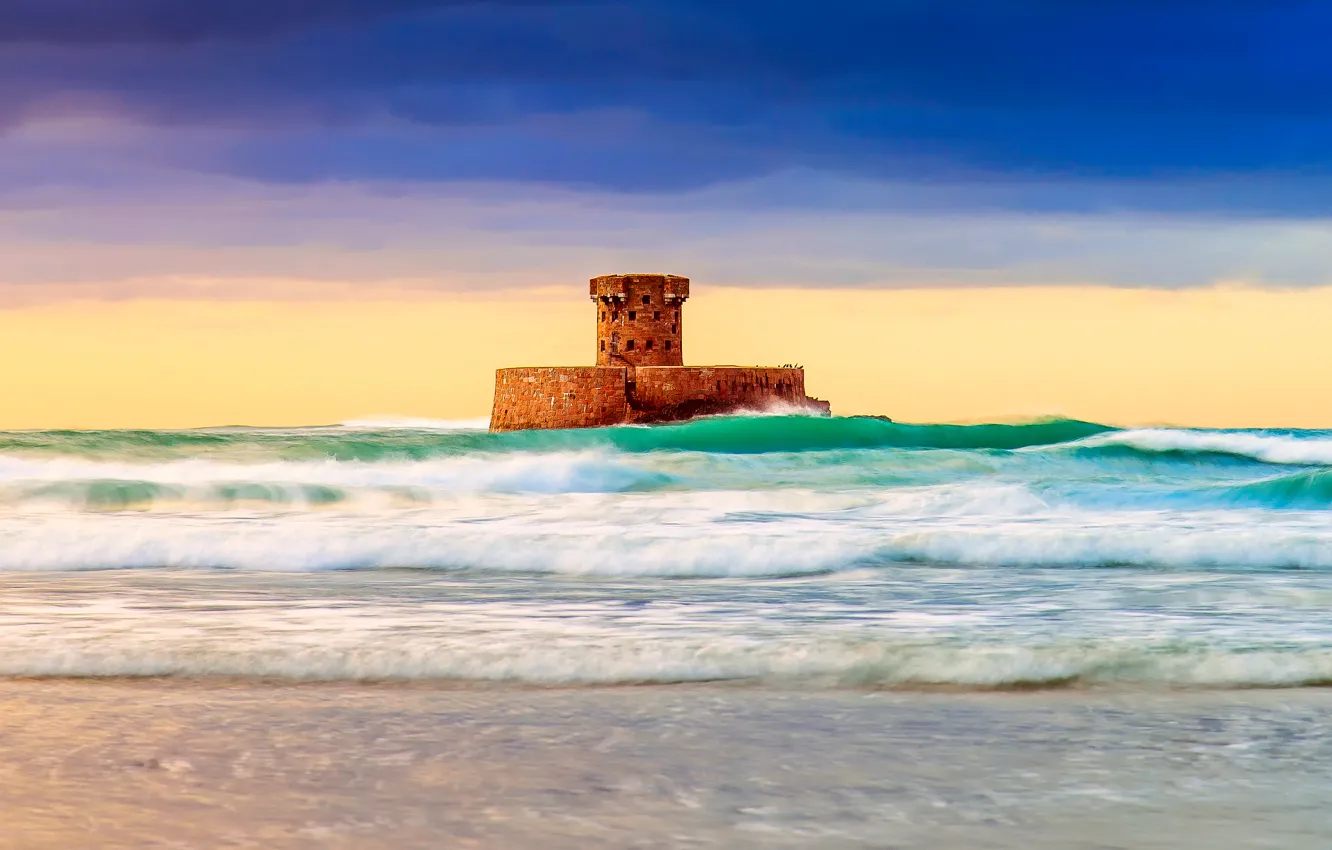 Photo wallpaper sea, wave, the sky, castle, tower, Fort