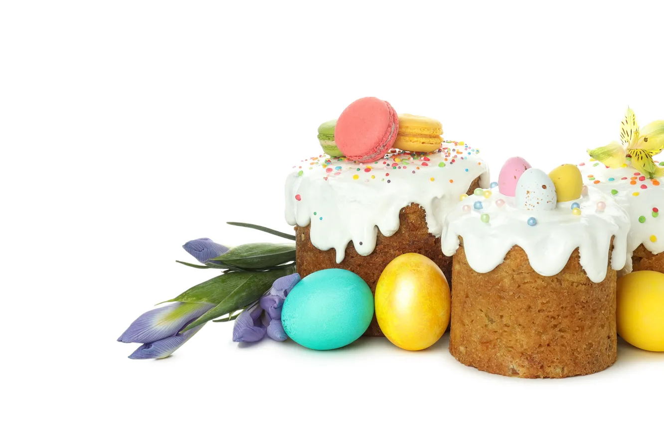 Photo wallpaper flowers, eggs, Easter, white background, cake, eggs, iris